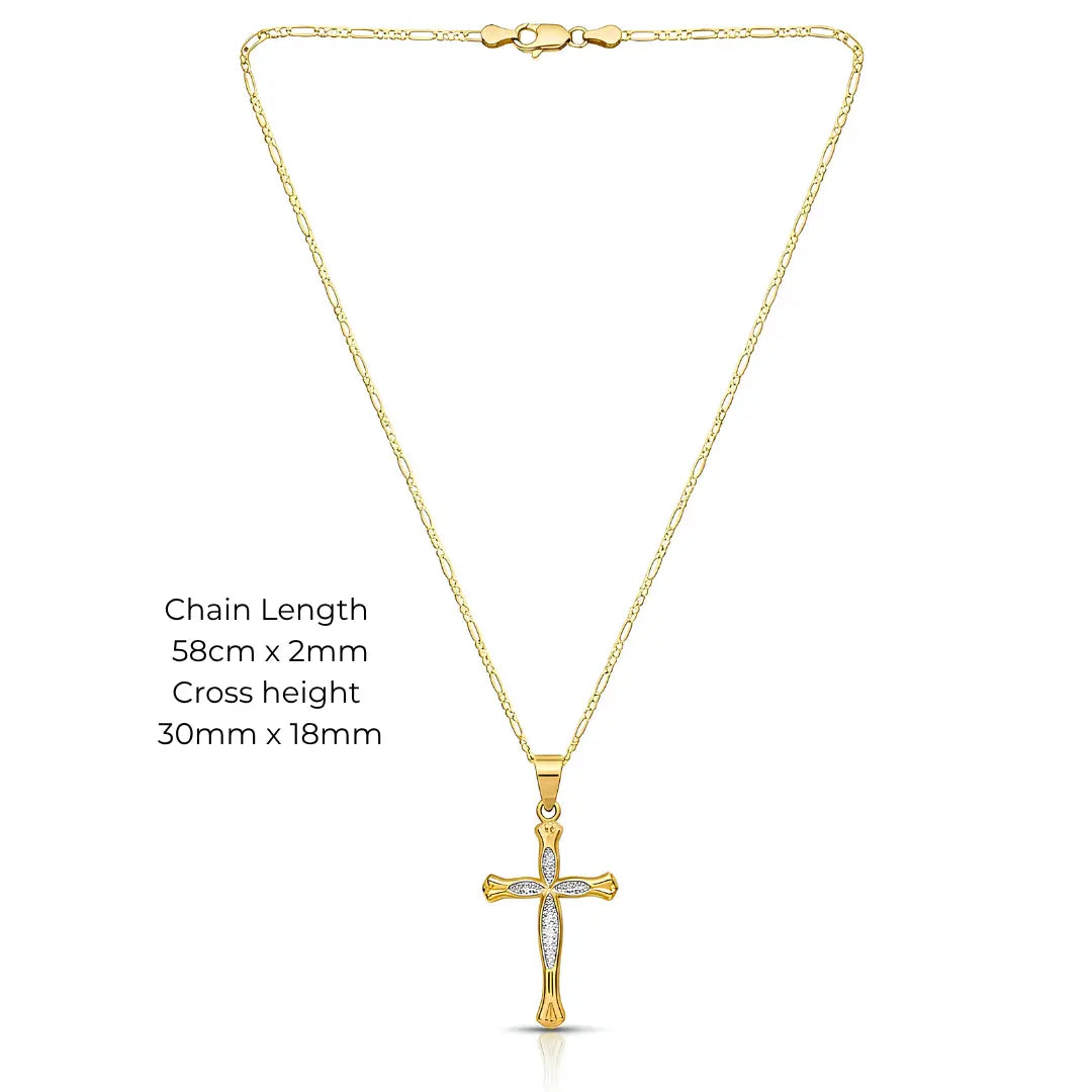 18K Gold Filled Pavé Cross Pendant Necklace – 30mm x 18mm Flared Cross with 58cm x 2mm Figaro Chain for Men & Women